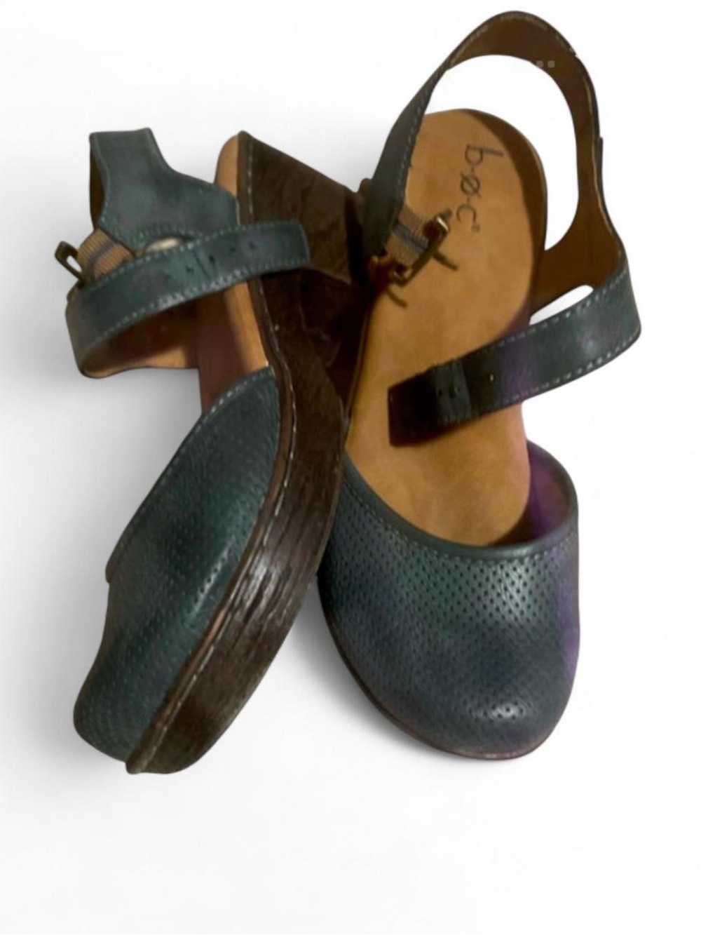 b.o.c. by Børn "Gia" Perforated Leather Platform Sandal Clogs slate blue green 8